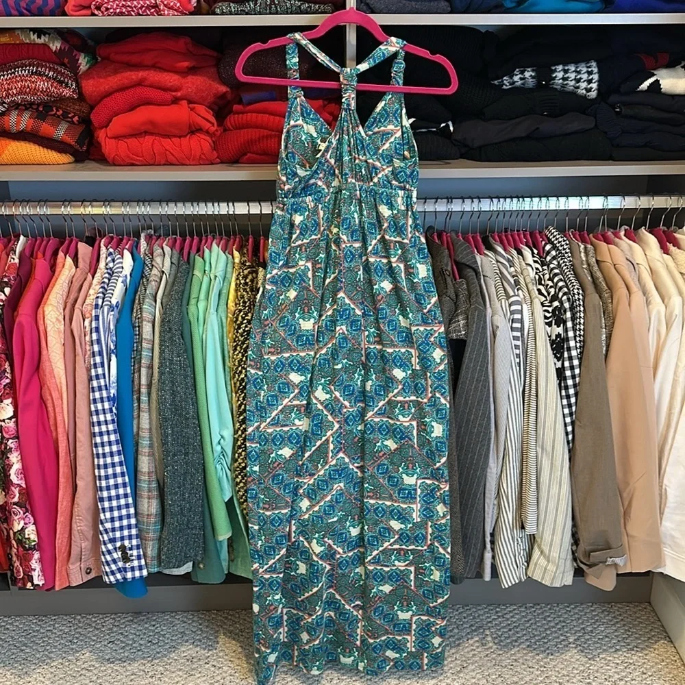 Pink Republic by PINK turquoise/pink/white print padded bust v neck maxi dress S